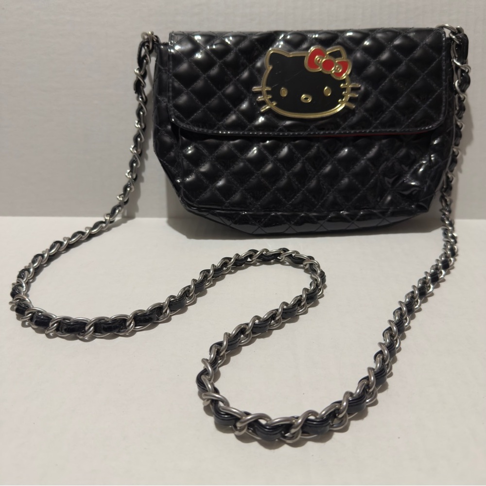 LOUNGEFLY Hello Kitty Metal Plate & Chain Black Quilted Crossbody Bag
